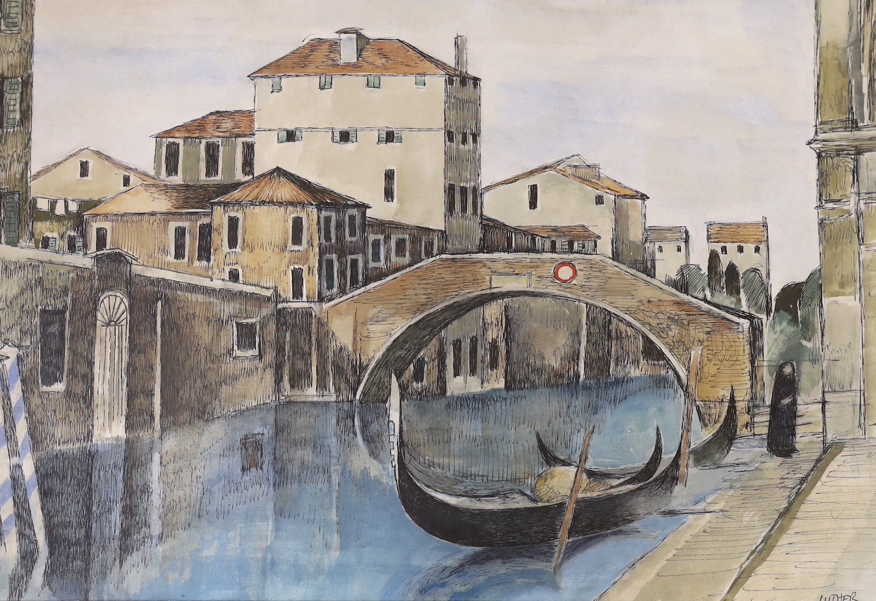 Peter Luther (b.1926), ink and watercolour, Venetian canal scene, signed, 37 x 55cm